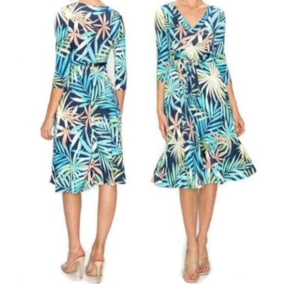Janette Fashion Blue Palm Tree Leaves Faux Wrap Knee Length Dress - Picture 3 of 3